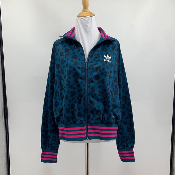Adidas Track Jacket Women M Medium Leopard Print Full Zip Performance Pocket - Picture 2 of 15